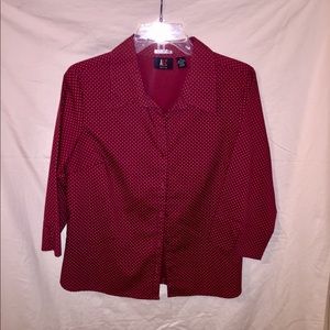 Maroon and White Polka Dot Button Down Shirt.
